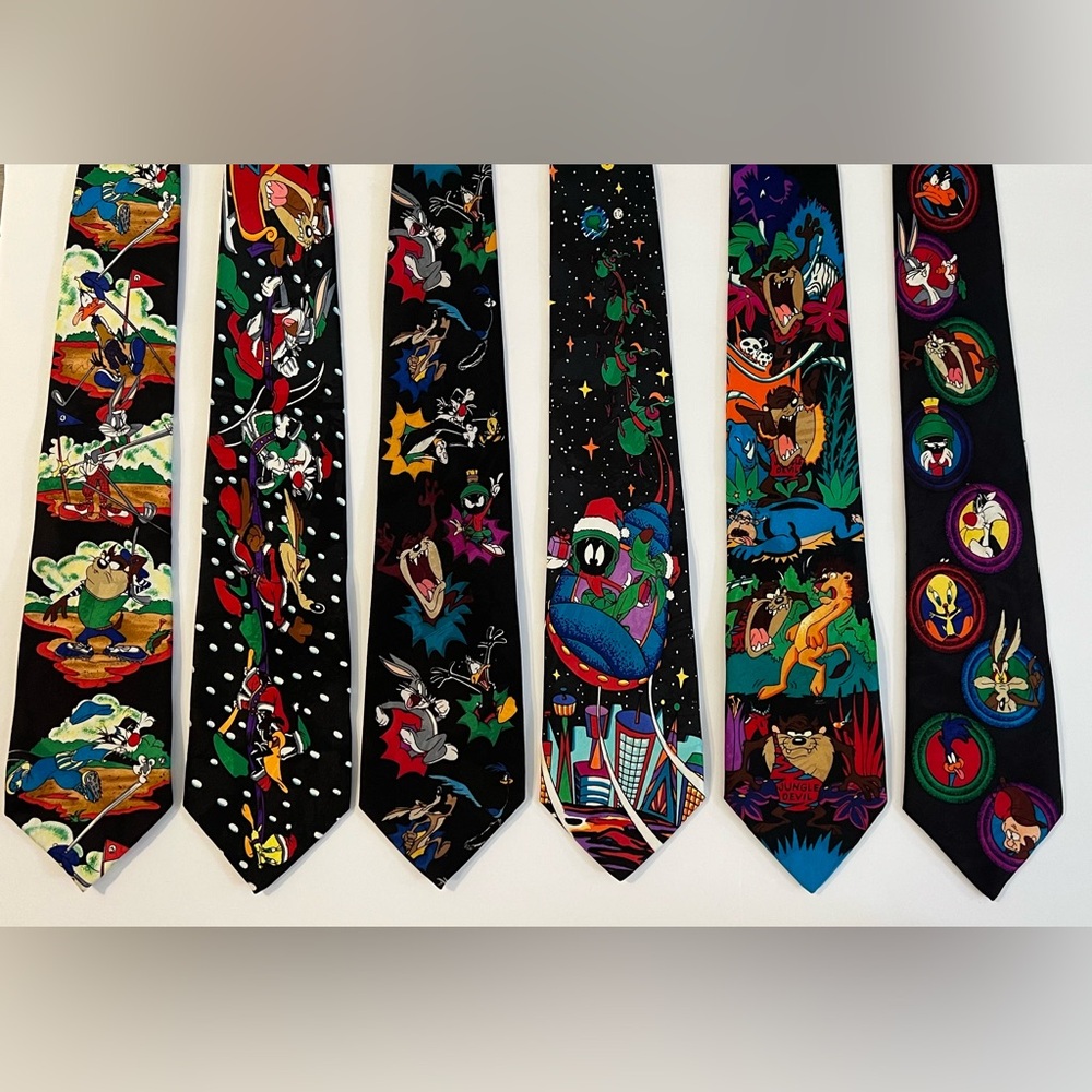 6 Vintage 1993 Looney Tunes Mania, Warner Bros., Polyester Neck ties